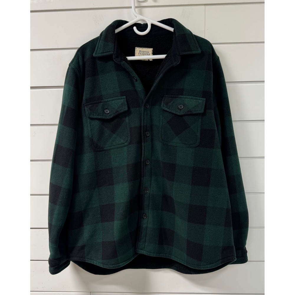 Boston Traders Mens XL Sherpa Lined Fleece Shirt Jacket Green Buffalo Plaid